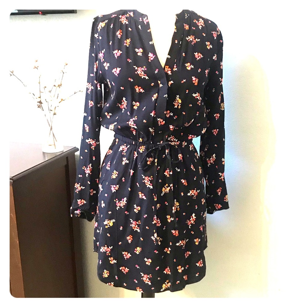 Gap Navy Blue Rayon Floral  Shirt Dress